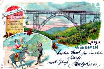 Postkarte aus dem Jahr 1900. Die  Lithographie zeigt die Kaiser-Wilhelm Brcke, eine Eisenbahnbrcke ber die Wupper, die die Stdte Remscheid und Solingen verbindet