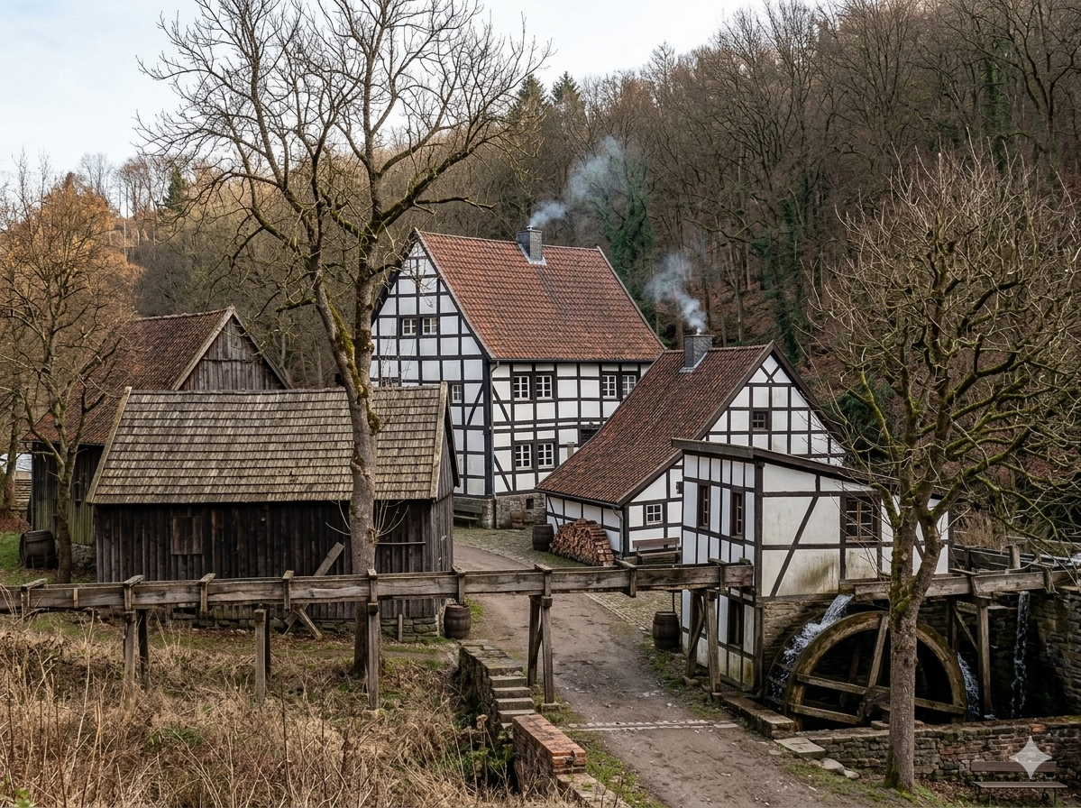 KI-generierte fotorealistische Ansicht der Bertramsm&uuml;hle um 1918, basierend auf der Zeichnung von G. Bayer