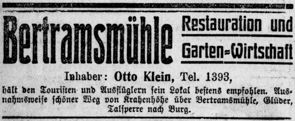Zeitungsanzeige: Bertramsm&uuml;hle &ndash; Restauration und Garten-Wirtschaft, Inhaber Otto Klein, Tel. 393