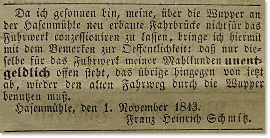 Anzeige im Solinger Kreis-Intelligenzblatt vom 1.11.1843