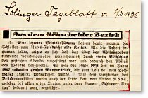 Foto: Zeitungsnotiz, Solinger Tageblatt vom 1. Februar 1936