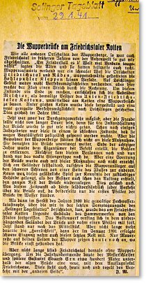 Foto: Zeitungsnotiz, Solinger Tageblatt vom 29. Januar 1941