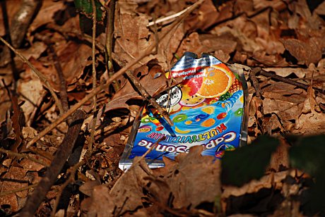Foto: Müll in der Botanik, hier ein Trinkbeutel aus Alu